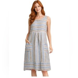 J. Jill Love Linen Sleeveless Striped Casual Linen Dress in Blue/Cream Size M